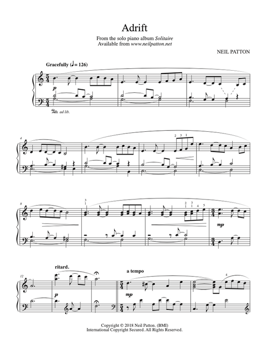 First page of sheet music for the piano piece, Adrift, from the Neil Patton album, Solitaire.