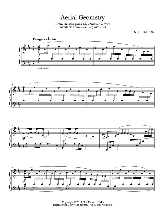 First page of sheet music for the piano piece, Aerial Geometry, from the Neil Patton album, Hammer & Wire.