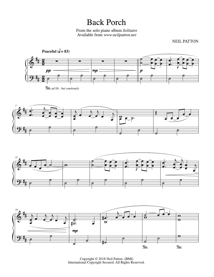 First page of sheet music for the piano piece, Back Porch, from the Neil Patton album, Solitaire.