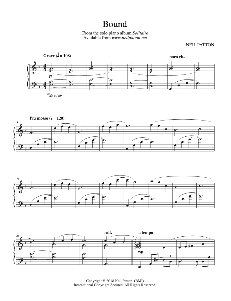First page of sheet music for the piano piece, Bound, from the Neil Patton album, Solitaire.