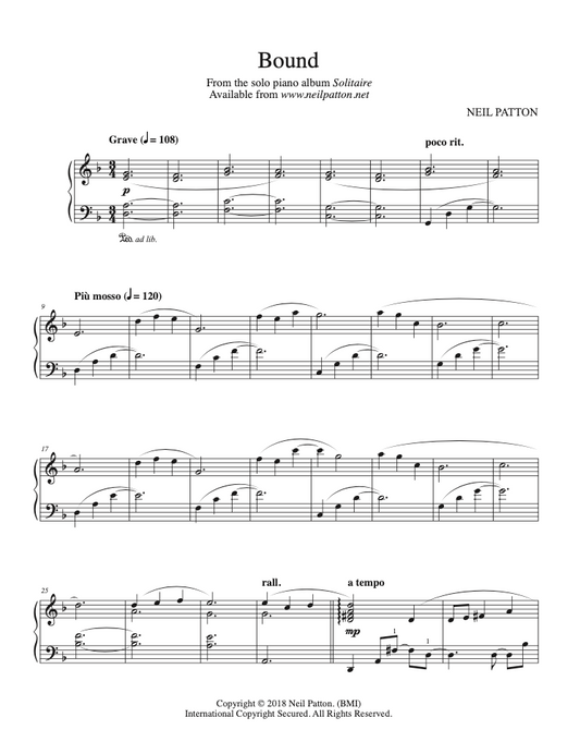 First page of sheet music for the piano piece, Bound, from the Neil Patton album, Solitaire.