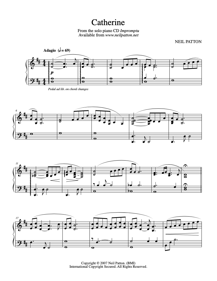 First page of piano sheet music for the piano piece, Catherine from the Neil Patton album, Impromptu