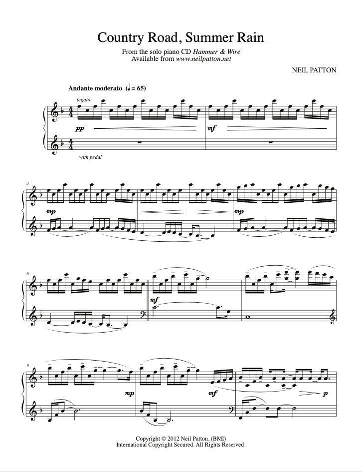 Firat page of sheet music for the piano piece, Country Road, Summer Rain, from the Neil Patton Album Hammer & Wire.