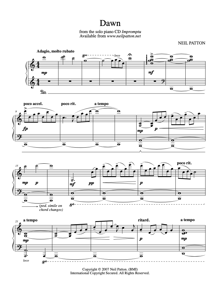 First page of the sheet music for the piano piece, Dawn, from the Neil Patton album, Impromptu.