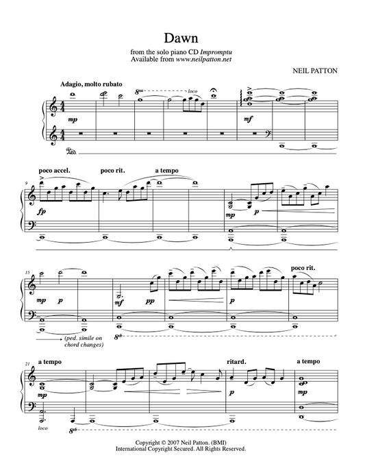 First page of the sheet music for the piano piece, Dawn, from the Neil Patton album, Impromptu.