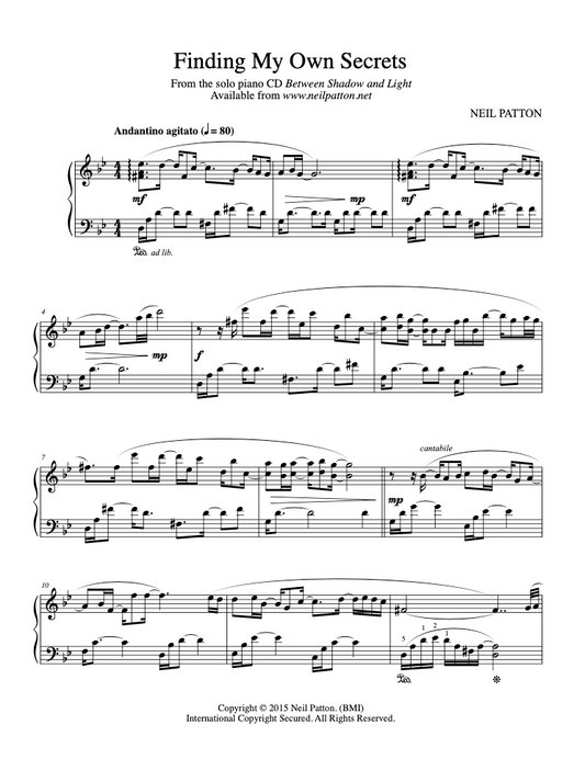 First page of the sheet music for the piano piece, Finding My Own Secrets, from the Neil Patton album, Between Shadow and Light.