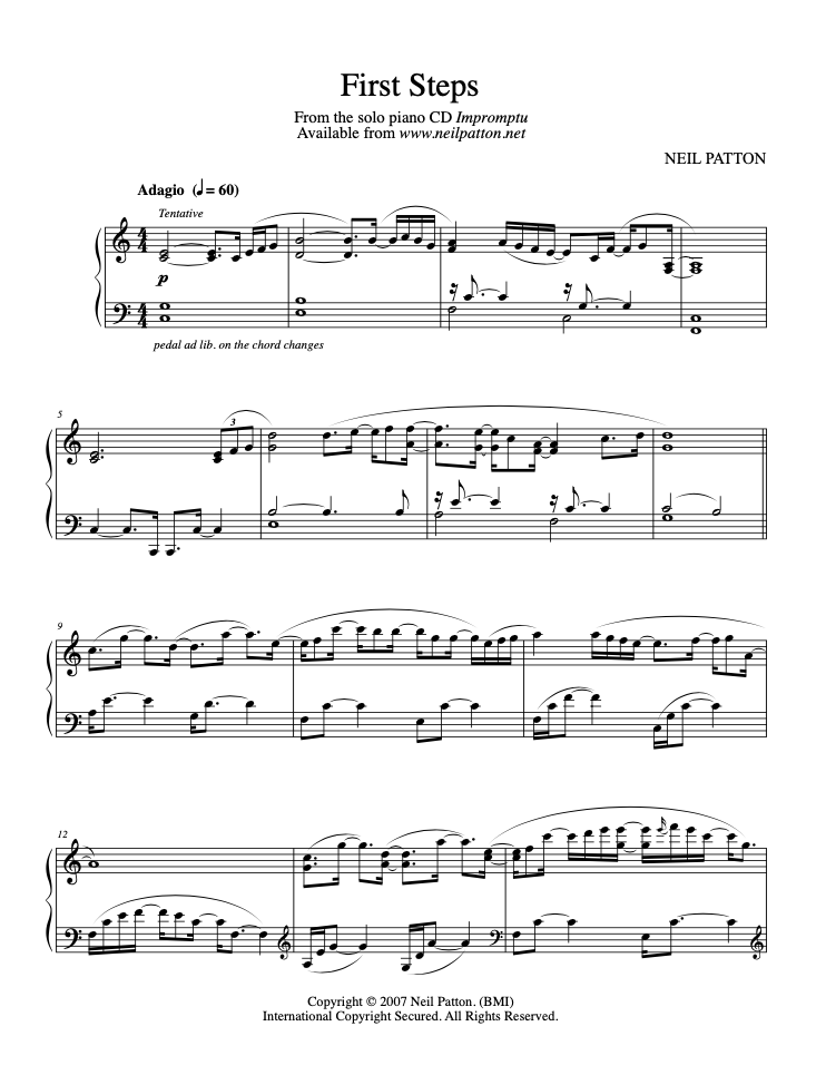 First page of sheet music for the piano piece, First Steps from the Neil Patton album, Impromptu.