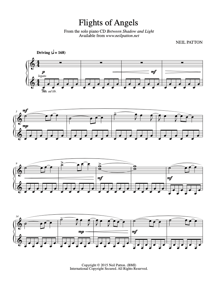 First page of sheet music for the piano piece, Flights of Angels, from the Neil Patton album, Between Shadow and Light.