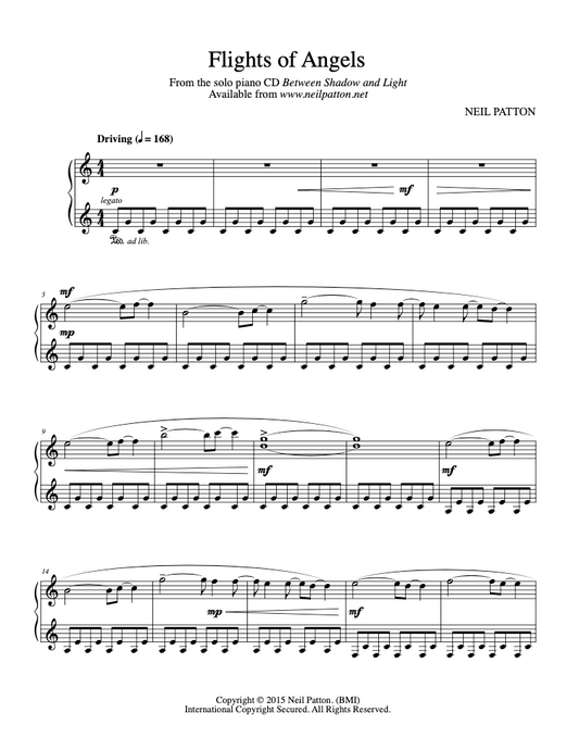 First page of sheet music for the piano piece, Flights of Angels, from the Neil Patton album, Between Shadow and Light.