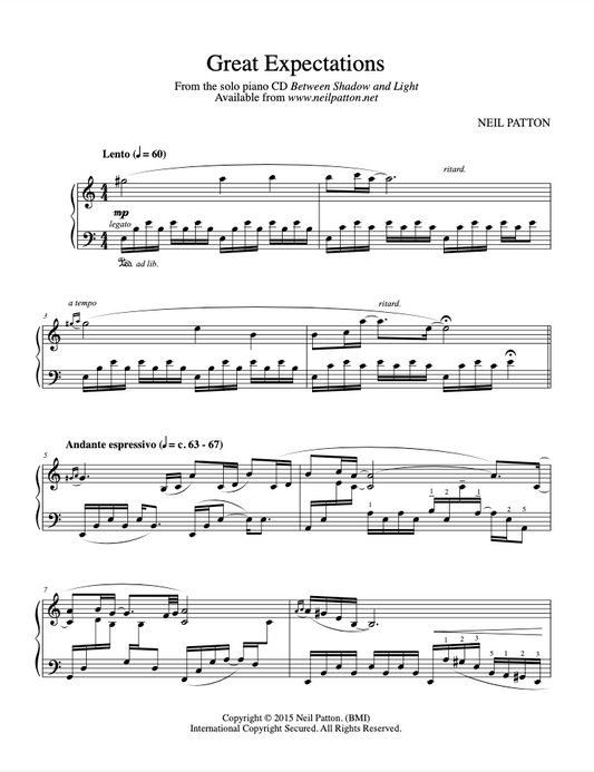 First page of the sheet music for the piano piece, Great Expectations, from the Neil Patton album, Between Shadow and Light.