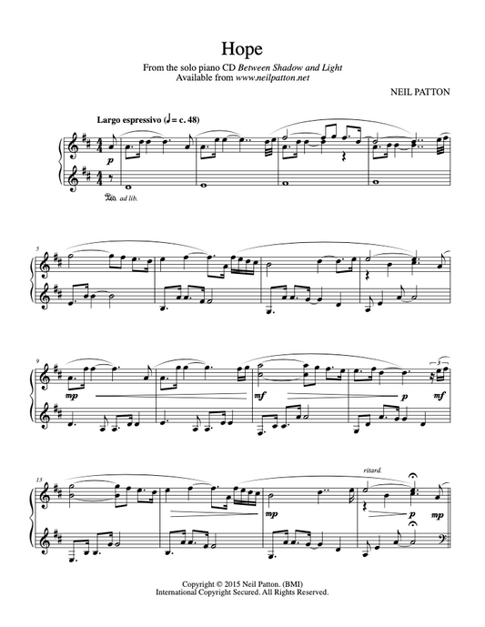 First page of the sheet music for the piano piece, Hope, from the Neil Patton album, Between Shadow and Light.