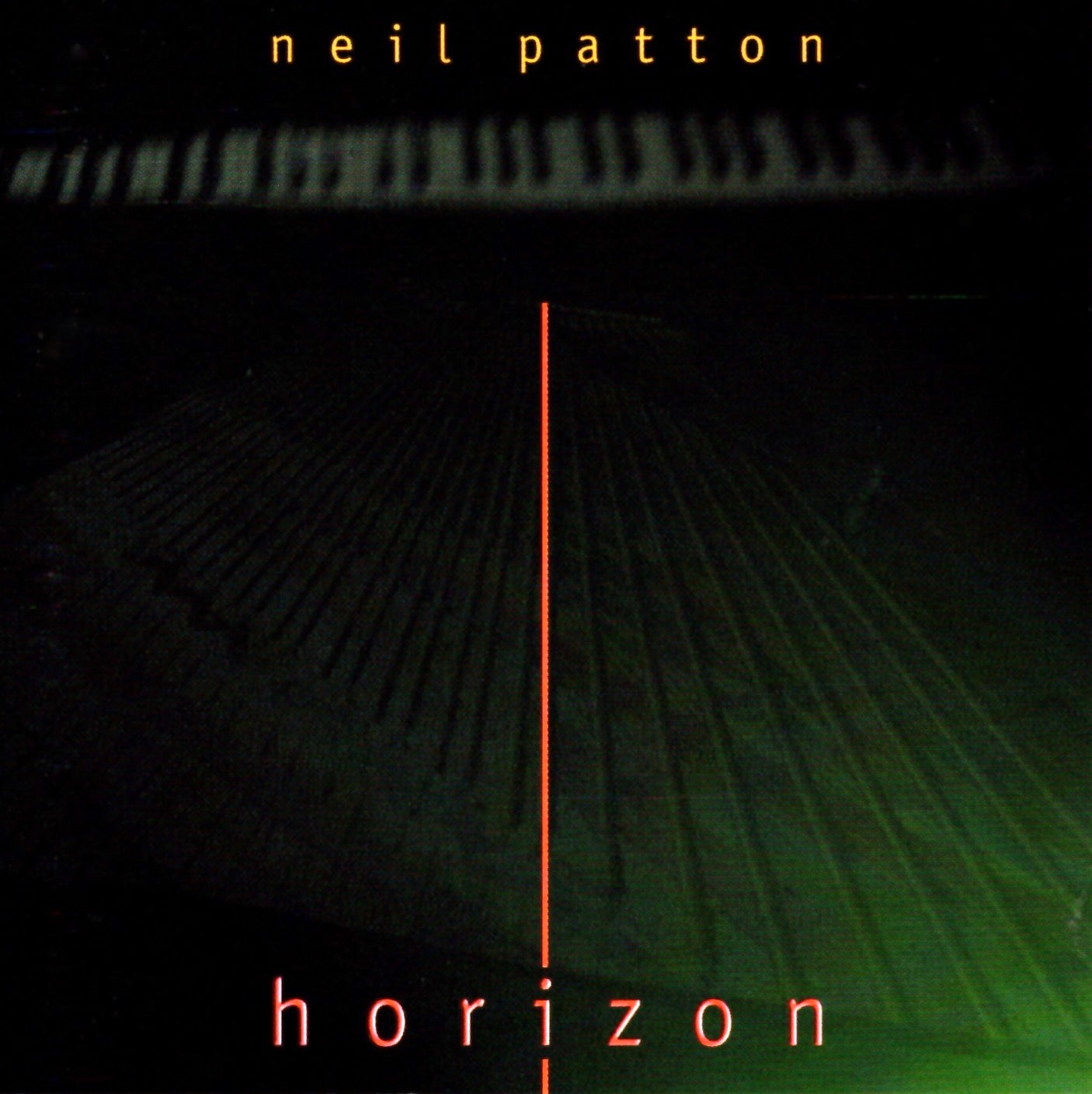 Cover picture for the Neil Patton album, Horizon, showing The artist and tile text over an abstract picture of piano strings and a piano keyboard.