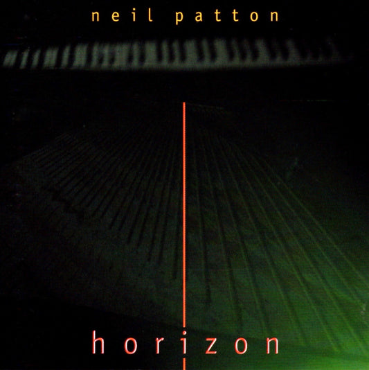 Cover picture for the Neil Patton album, Horizon, showing The artist and tile text over an abstract picture of piano strings and a piano keyboard.