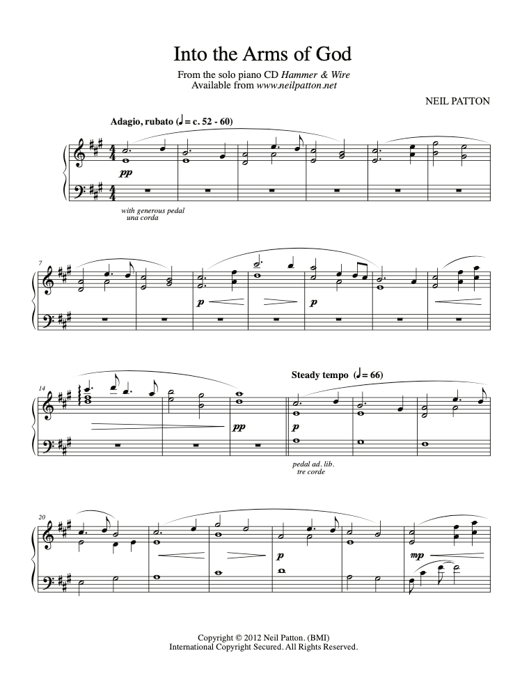 First page of sheet music for the piano piece, Into the Arms of God, from the Neil Patton album, Hammer & Wire.