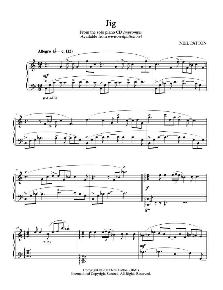 First page of the sheet music for the piano piece, Jig, from the Neil Patton album, Impromptu.