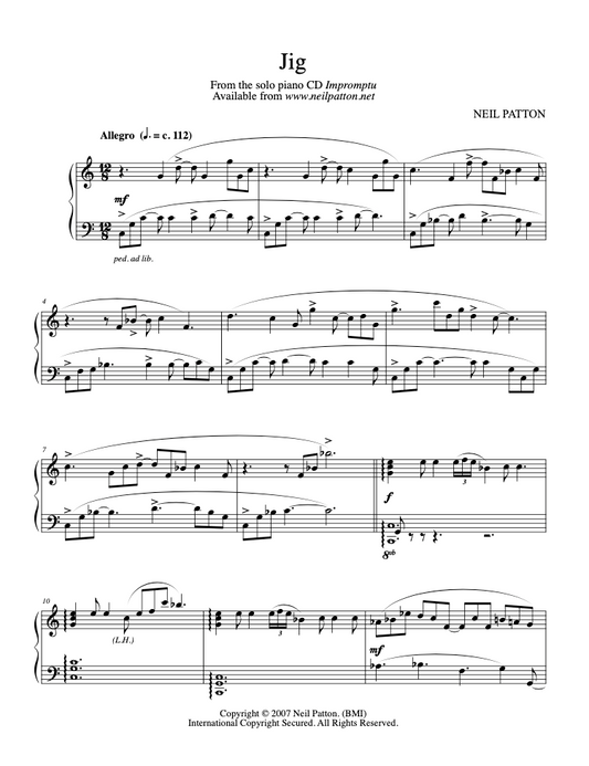 First page of the sheet music for the piano piece, Jig, from the Neil Patton album, Impromptu.