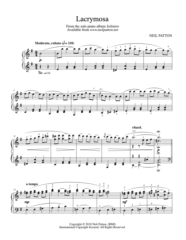 First page of sheet music for the piano piece, Lacrymosa, from the Neil Patton album, Solitaire.