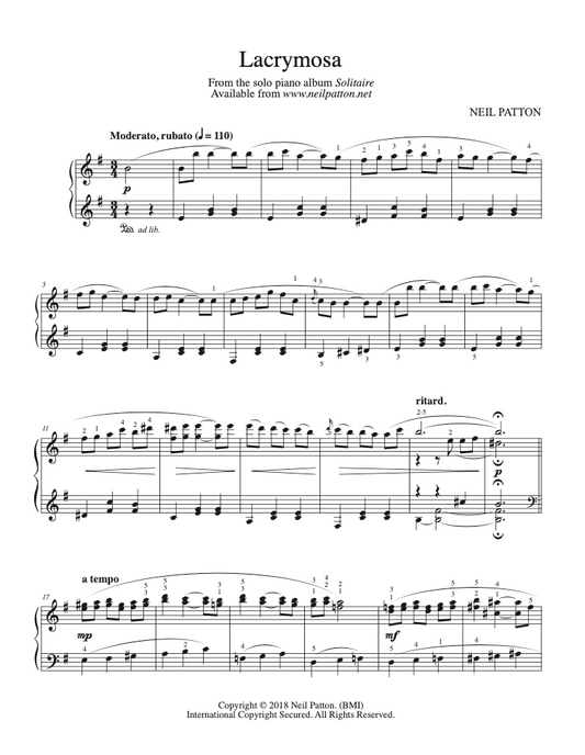First page of sheet music for the piano piece, Lacrymosa, from the Neil Patton album, Solitaire.
