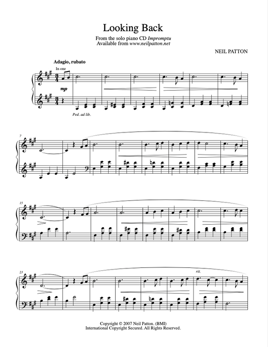 FIrst page of the sheet music for the piano piece, Water of Life, from the Neil Patton album, Impromptu.