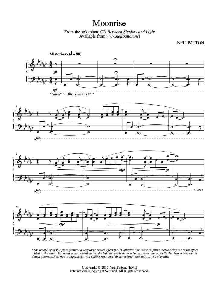 First page of the sheet music for the piano piece, Moonrise, from the Neil Patton album, Between Shadow and Light.