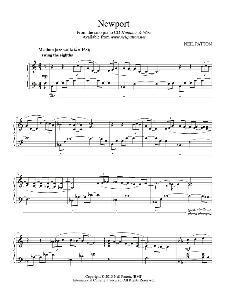 First page of sheet music for the piano piece, Newport, from the Neil Patton album, Hammer & Wire.