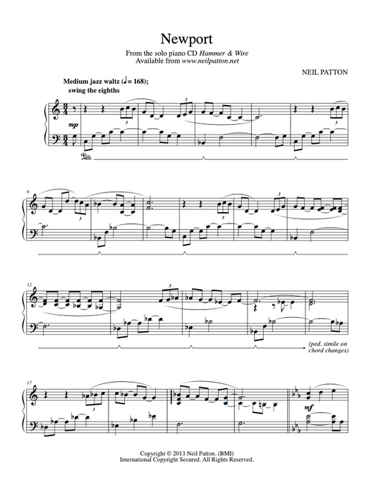 First page of sheet music for the piano piece, Newport, from the Neil Patton album, Hammer & Wire.