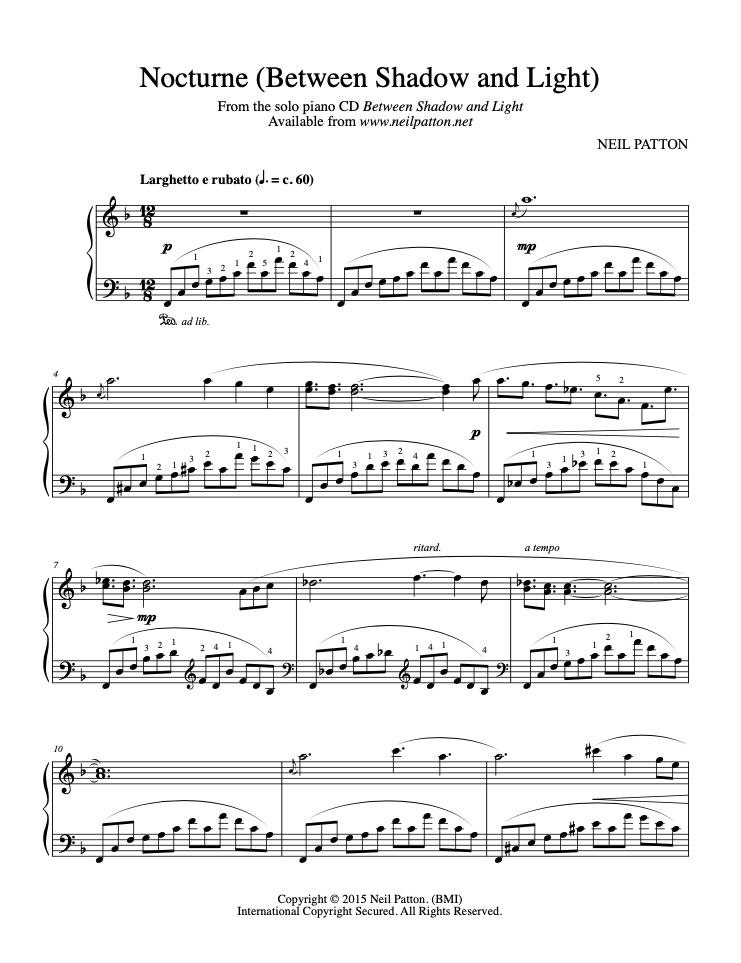 First page of sheet music for the piano piece, Nocturne (Between Shadow and Light), from the Neil Patton album, Between Shadow and Light.