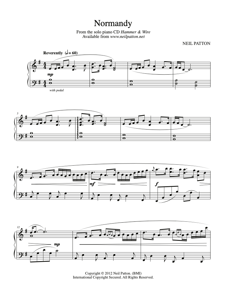 First page of sheet music for the piano piece, Normandy, from the Neil Patton album, Hammer & Wire.