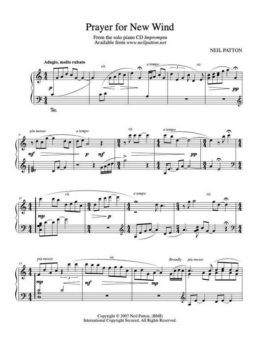 First page of sheet music for the piano piece, Prayer for New Wind, from the Neil Patton album, Impromptu.