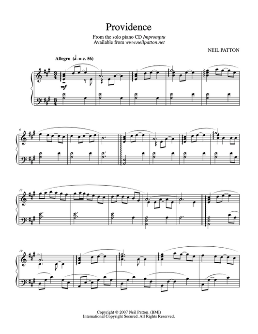 First page of sheet music for the piano piece, Providence from Neil Patton's Impromptu album.