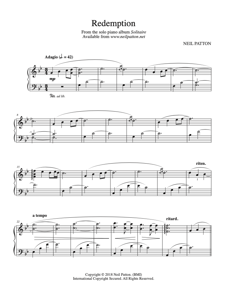 First page of the sheet music for the piano ppiece, Redemption, from the Neil Patton album, Solitaire.