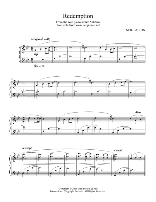 First page of the sheet music for the piano ppiece, Redemption, from the Neil Patton album, Solitaire.