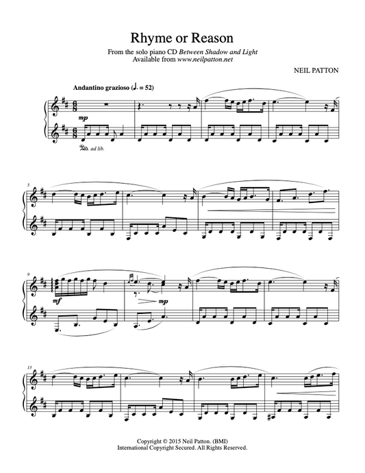 First page of sheet music for the piano piece, Rhyme or Reason, from the Neil Patton album, Between Shadow and Light.