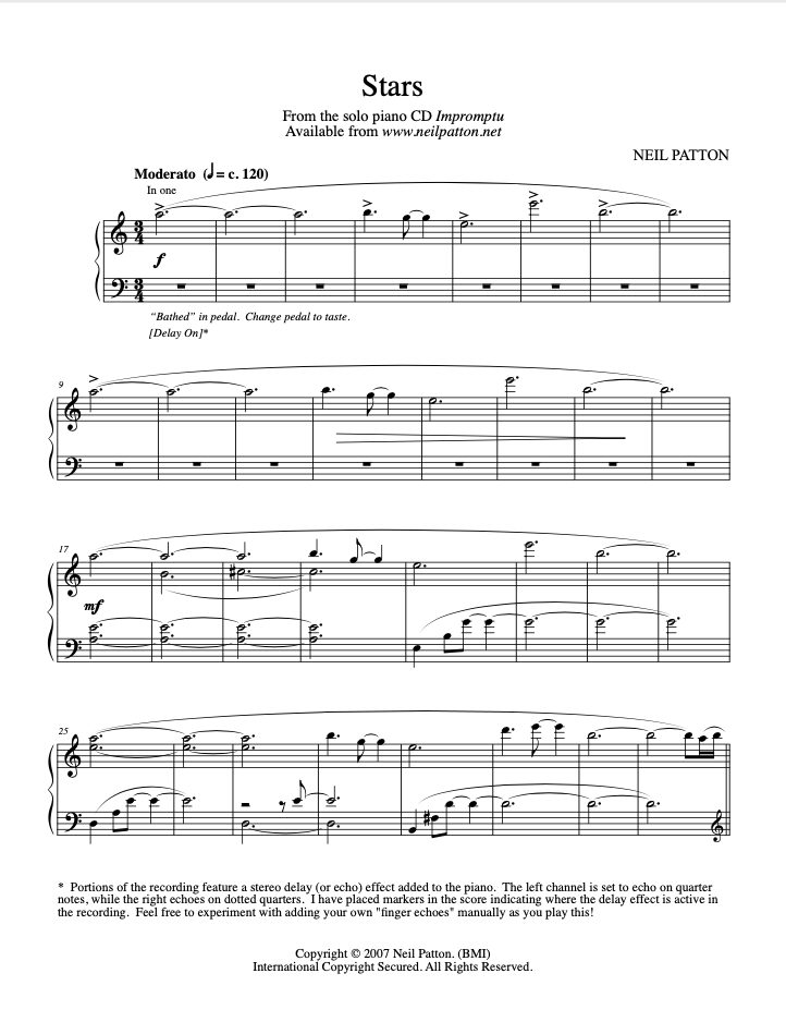 The first page of the sheet music for the piano piece, Stars, from Neil Patton's album, Impromptu.
