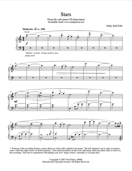 The first page of the sheet music for the piano piece, Stars, from Neil Patton's album, Impromptu.