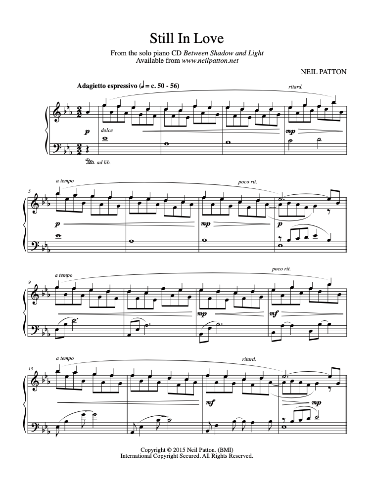 First page of sheet music for the piano piece, Still In Love, from the Neil Patton album, Between Shadow and Light.