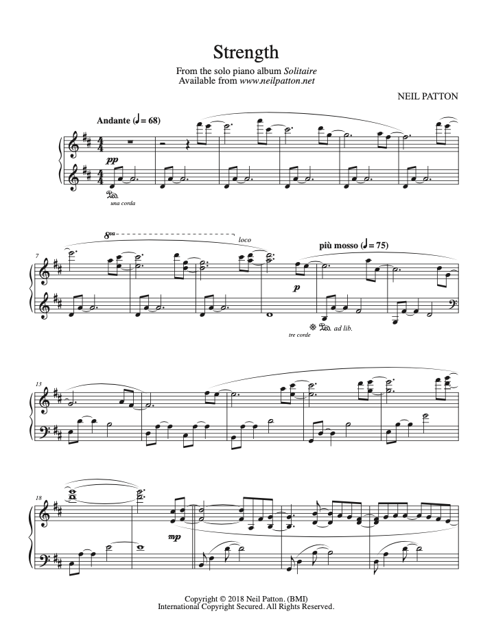 First page of sheet music for the piano piece, Strength, from the Neil Patton album, Solitaire.