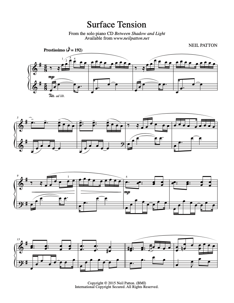 First page of sheet music for the piano piece, Surface Tension, from the Neil Patton album, Between Shadow and Light.