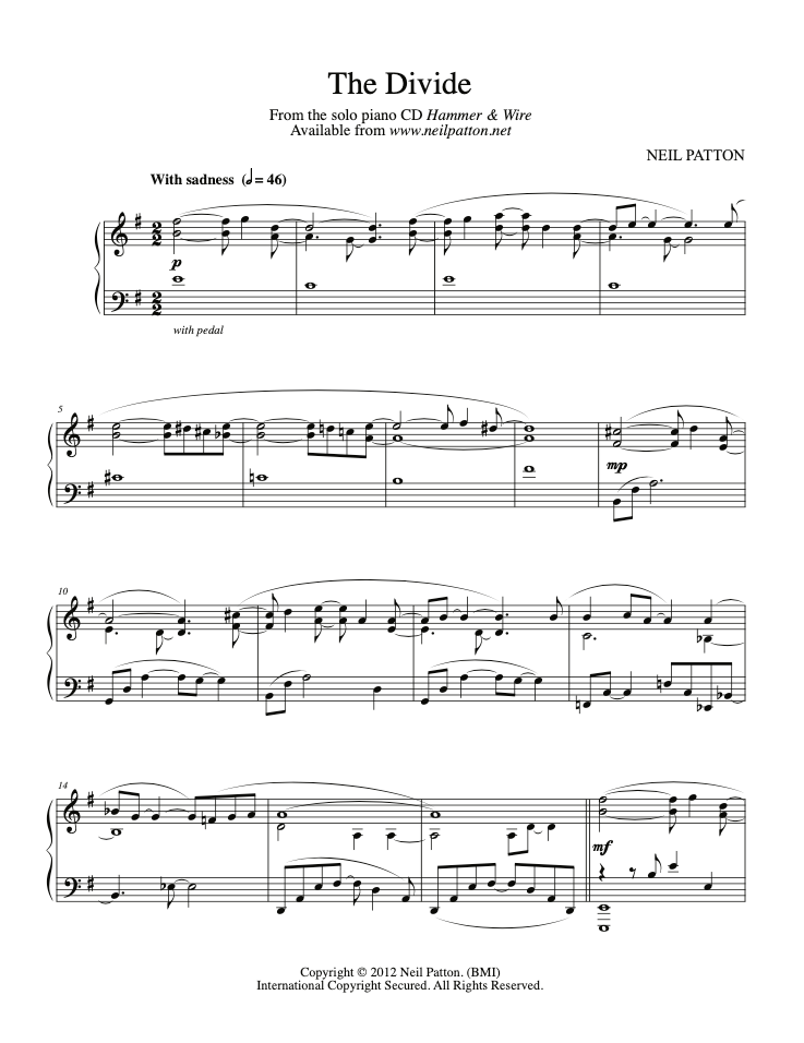 First page of sheet music for the piano piece, The Divide, from the Neil Patton album, Hammer & Wire.