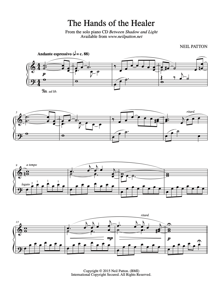 First page of the sheet music for the piano piece, The Hands of the Healer, from the Neil Patton album, Between Shadow and Light.