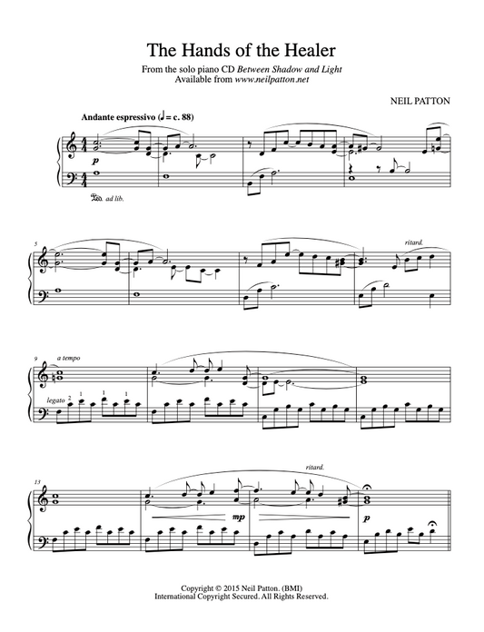First page of the sheet music for the piano piece, The Hands of the Healer, from the Neil Patton album, Between Shadow and Light.