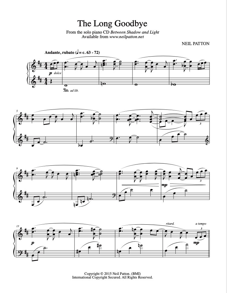 First page of the sheet music for the piano piece, The Long Good bye, from the Neil Patton album, Between Shadow and Light.