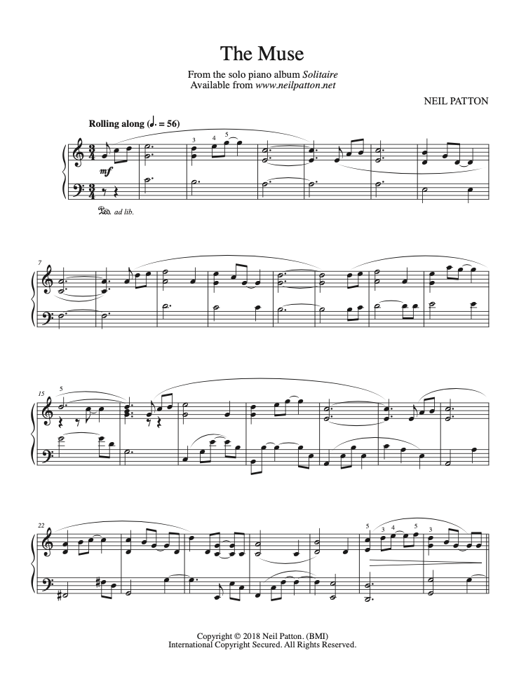 First page of sheet music for the piano piece, The Muse, from the Neil Patton album, Solitaire.