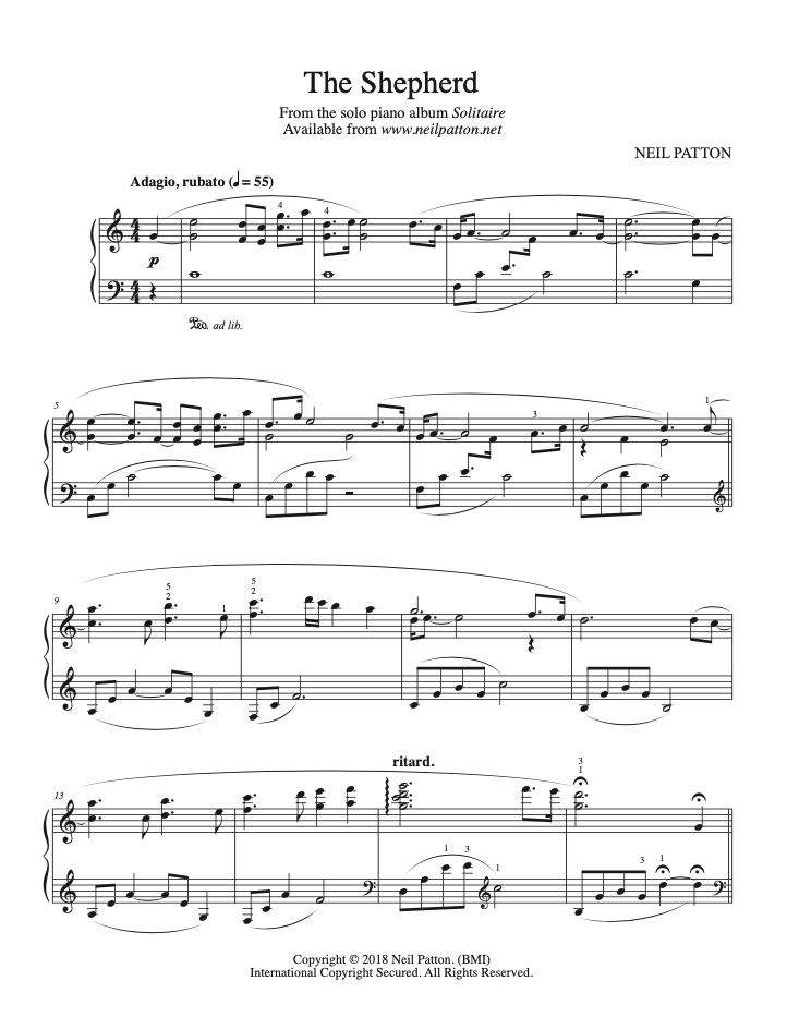 First page of sheet music for the piano piece, The Shepherd, from the Neil Patton album, Solitaire.