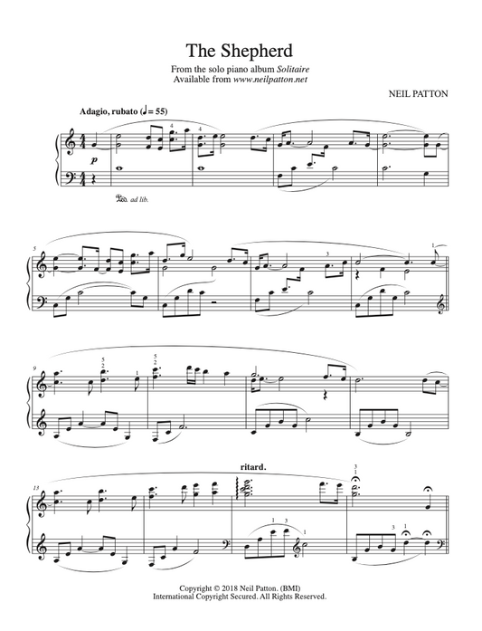 First page of sheet music for the piano piece, The Shepherd, from the Neil Patton album, Solitaire.