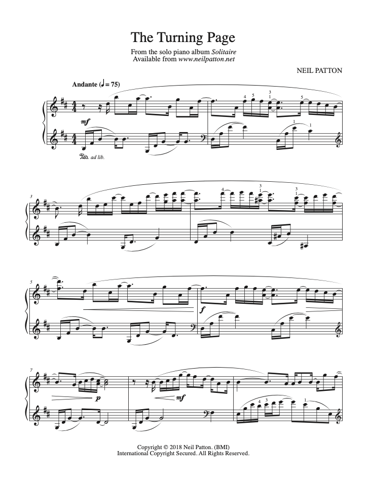 First page of the sheet music for the piano piece, The Turning Page, from the Neil Patton album, Solitaire.