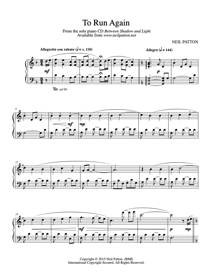 First page of the sheet music for the piano piece, To Run Again, from the Neil Patton album, Between Shadow and Light.