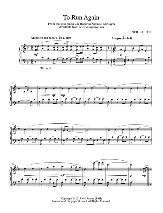 First page of the sheet music for the piano piece, To Run Again, from the Neil Patton album, Between Shadow and Light.