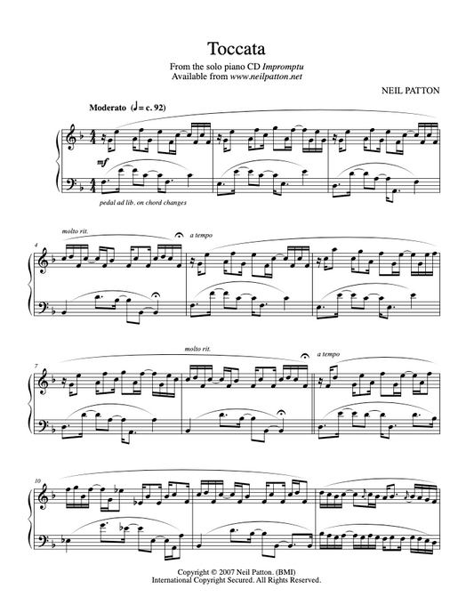First page of digital sheet music for the piano piece, Toccata by Neil Patton