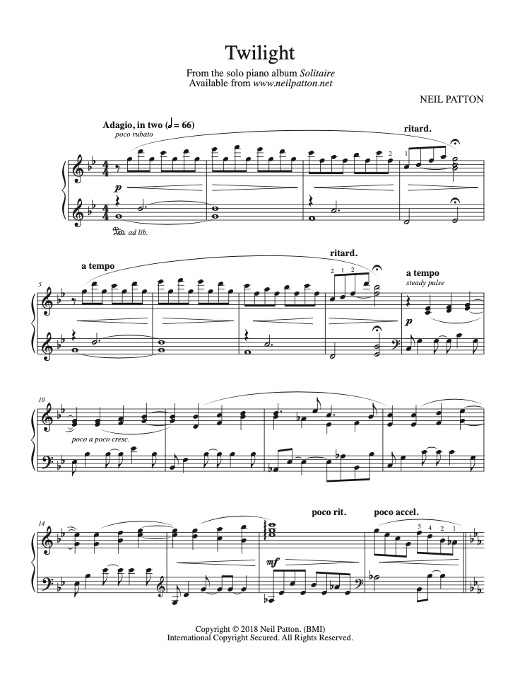 First page of sheet music for the piano piece, Twilight, from the Neil Patton album, Solitaire.